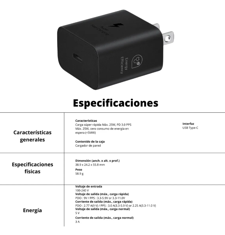 Cargador samsung 25w Tipo C